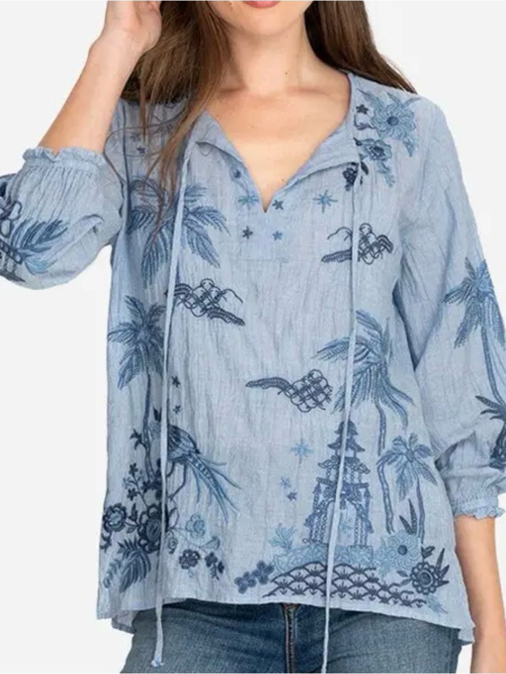 Johnny Was Chambray Blue with Navy Embroidery Peasant Top
